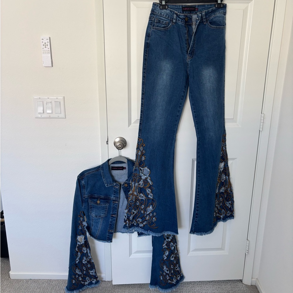 Embroidered Denim Jacket and Flare Jeans Set